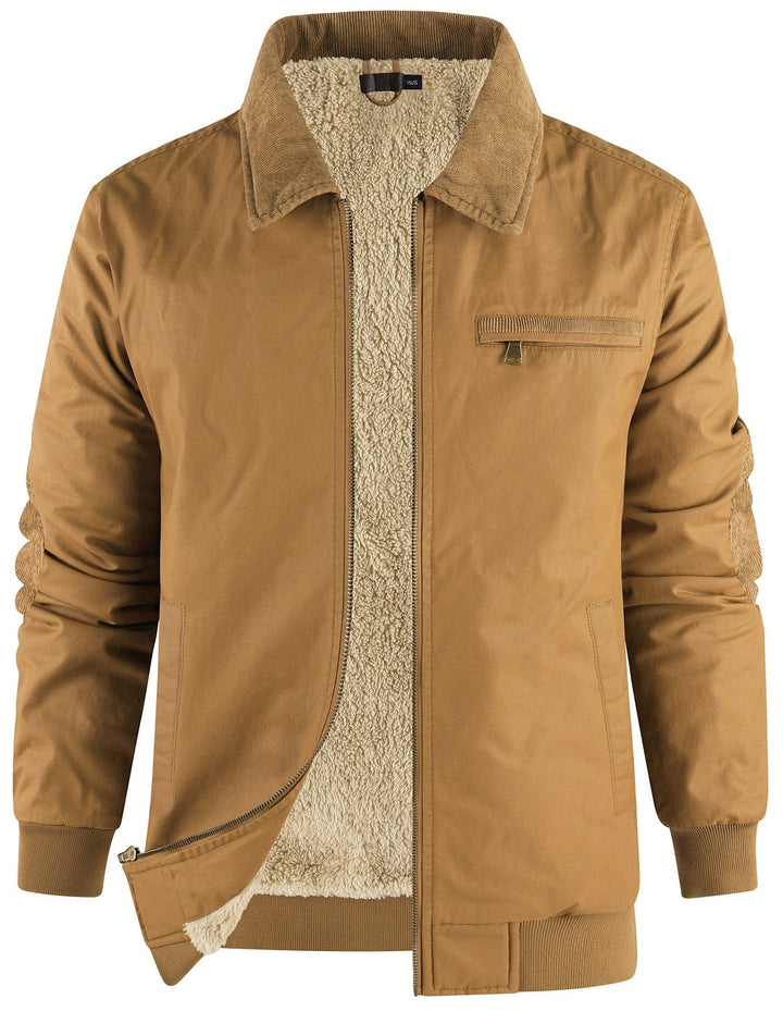 Close-up of the fleece lining inside a men's stylish bomber jacket