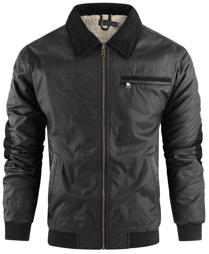 Men's fashion bomber jacket, dark color, with a warm fleece interior