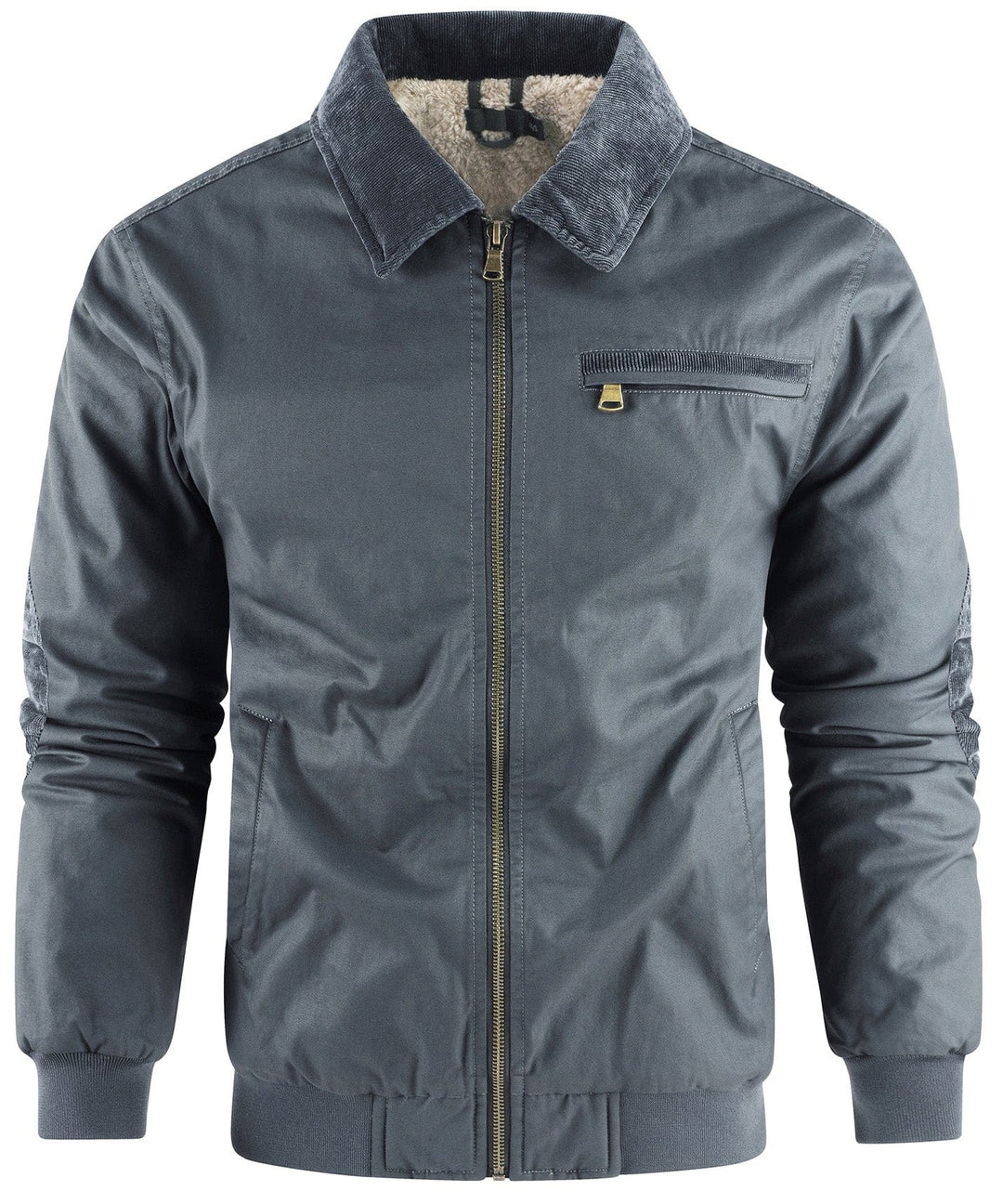 Detail of the zipper and collar on a men's black bomber winter coat