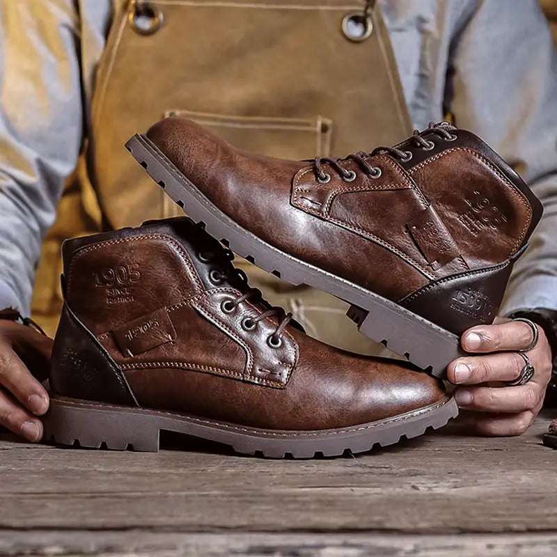 Men's premium brown leather ankle boots with cushioned sole, perfect for dress or casual wear