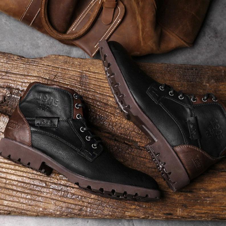 Detailed shot of the texture on men's premium brown leather boots, a staple in mens fashion