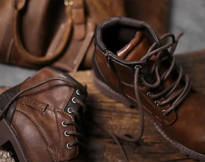 Comfortable men's brown leather casual boots with a durable outsole, ideal for daily wear
