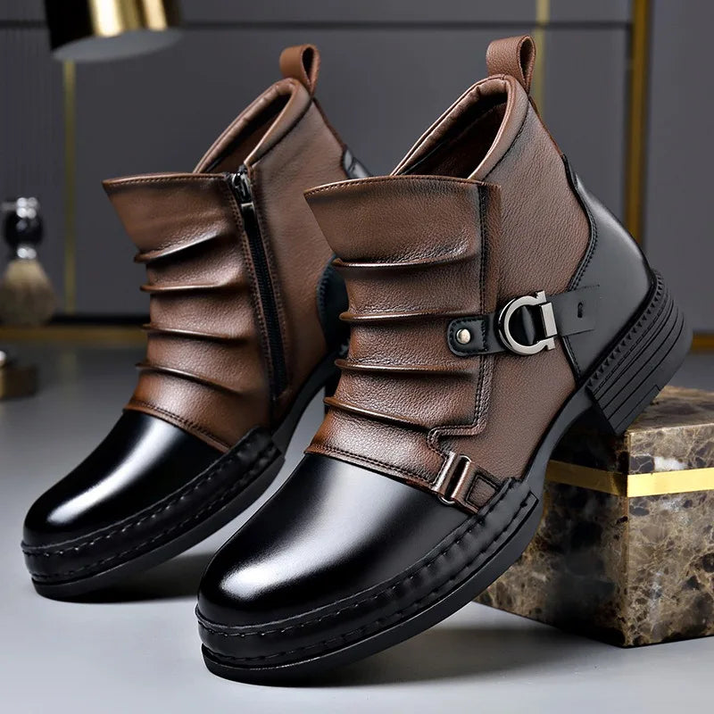 Men's premium brown leather ankle boots with orthopedic sole, side view