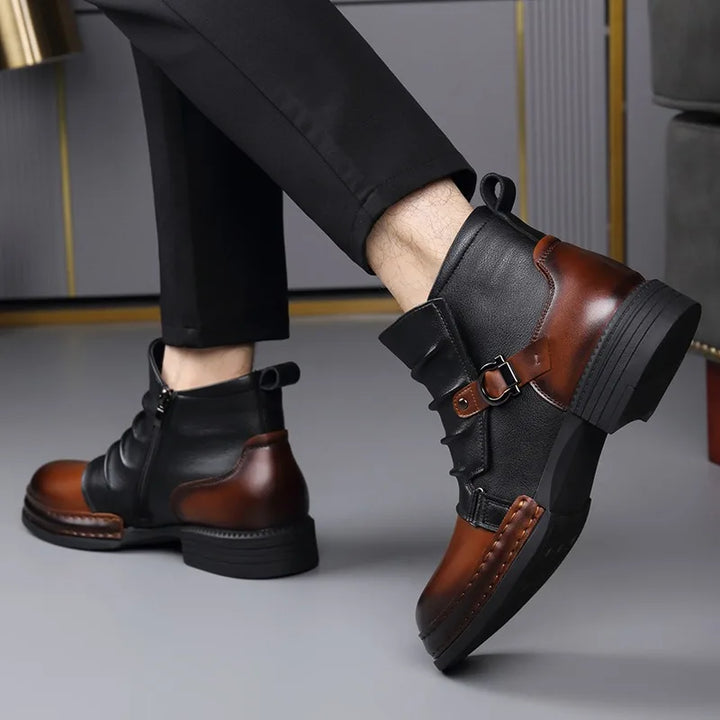 Top-down view of men's premium leather ankle boots, showing classic stitching