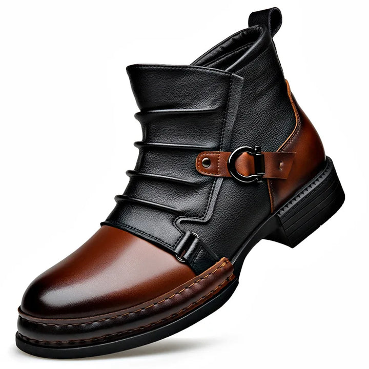 Pair of Men's premium leather ankle boots, brown & black, highlighting orthopedic sole