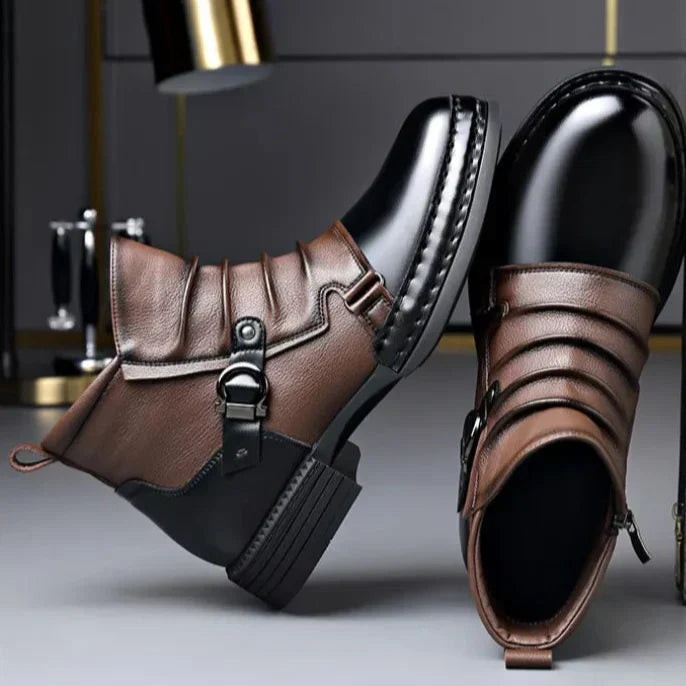 Comfortable men's black leather ankle boots, orthopedic support, front view