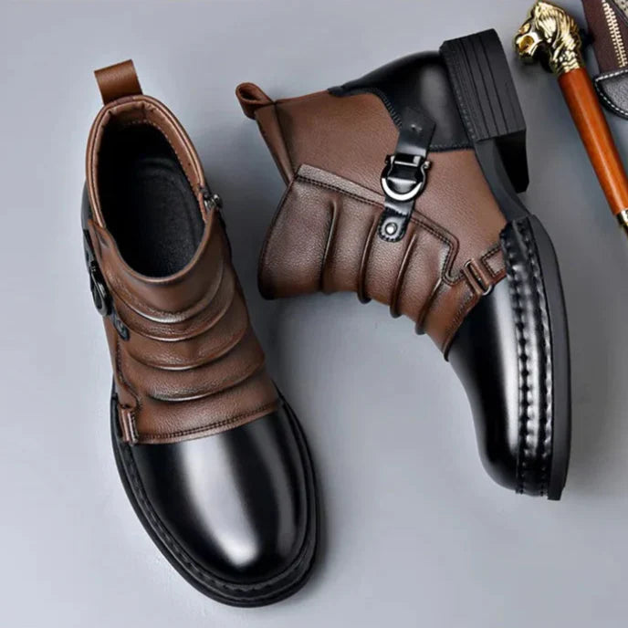 Stylish men's leather boots, tan color, orthopedic sole detail, autumn footwear