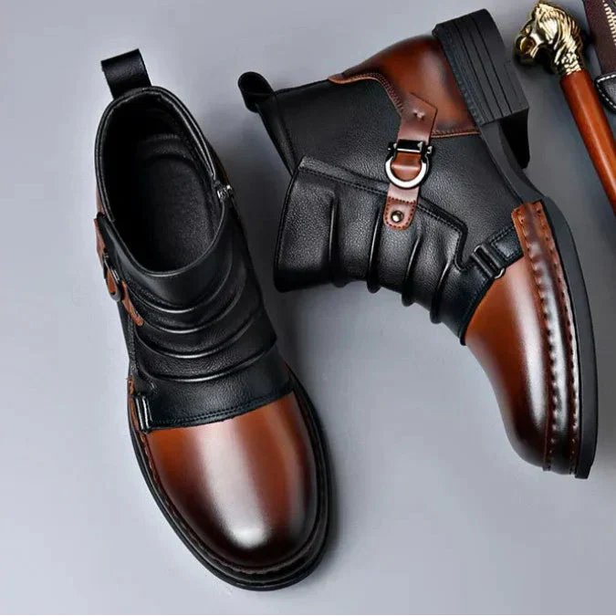 Men's premium leather ankle boots in varied styles, black and brown, orthopedic sole
