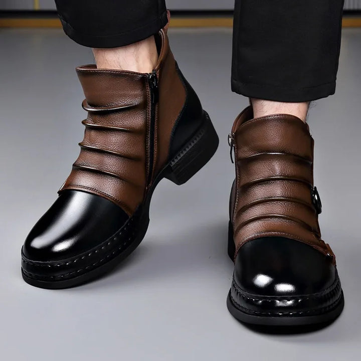 Side profile of men's sleek black leather ankle boots, orthopedic comfort design