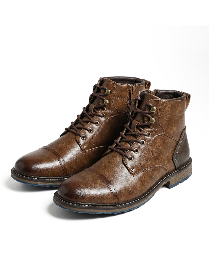 Men's premium brown leather casual boots with side zipper, rugged sole, and comfortable fit.