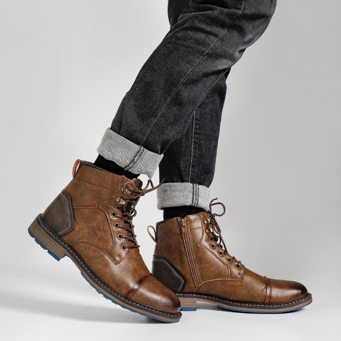 Close-up of the pebbled leather texture on men's premium casual boots, showcasing quality.
