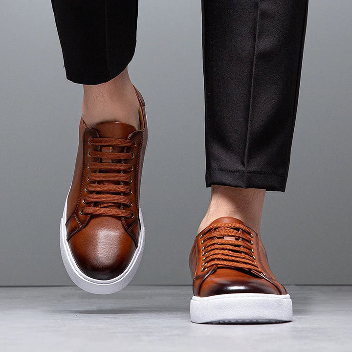 Men's white leather sneakers with contrasting laces, stylish casual footwear fashion