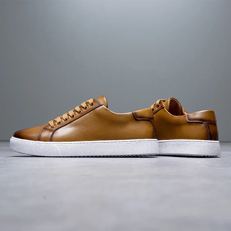 Back view of men's black leather sneakers, sleek design, versatile street style shoes
