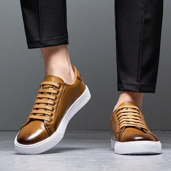 Close-up of the leather texture on men's premium casual sneakers, genuine leather