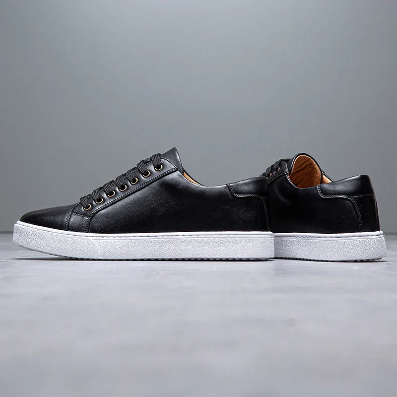 Close-up of men's premium leather sneakers on ankle, showing comfortable fit