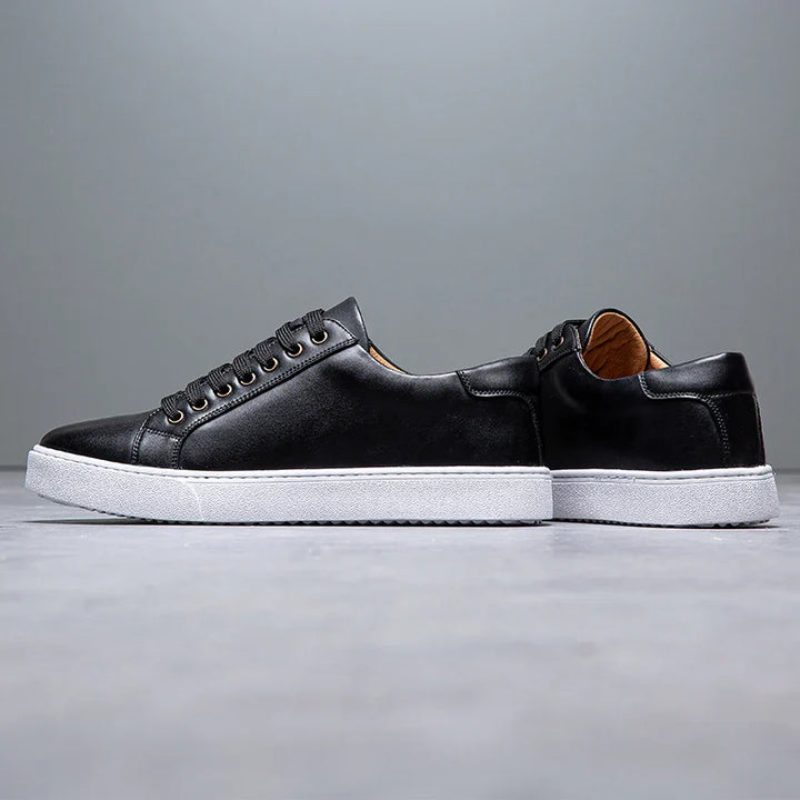 Close-up of men's premium leather sneakers on ankle, showing comfortable fit