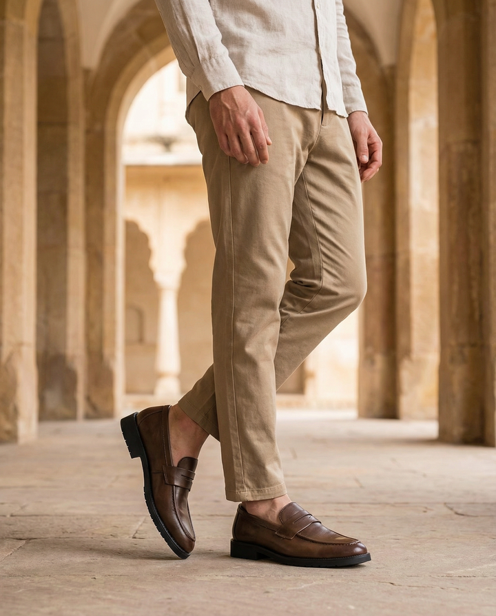 Side view of men's leather slip-on loafers in tan, highlighting the comfortable design and quality