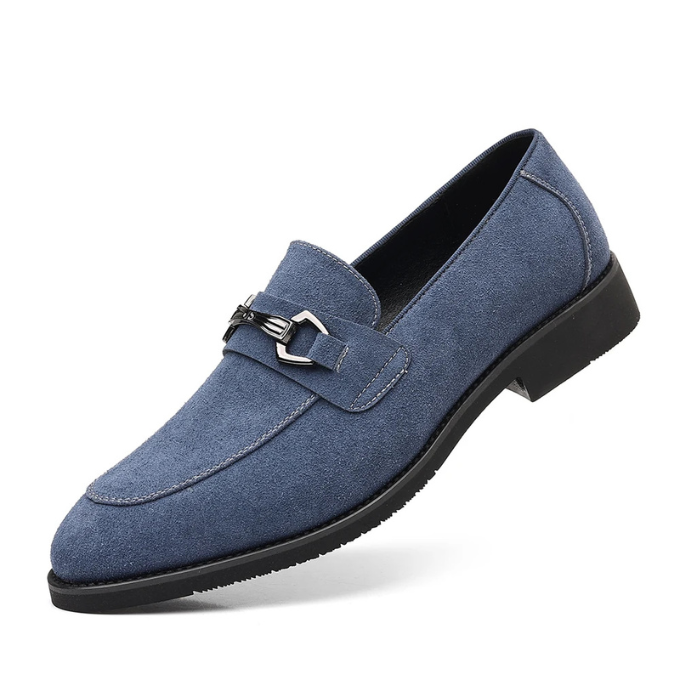 Men's light brown suede loafers paired with casual trousers, versatile fashion.