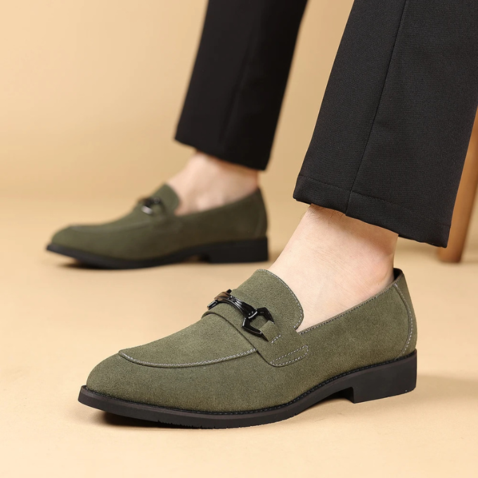 Collection of men's suede slip-on loafers in various colors, highlighting modern style.