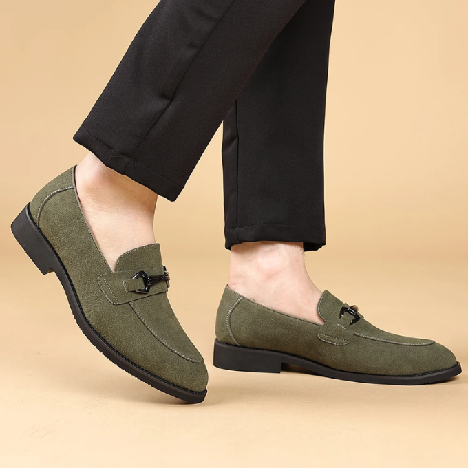 Top-down view of men's navy suede loafers, showcasing classic slip-on design.