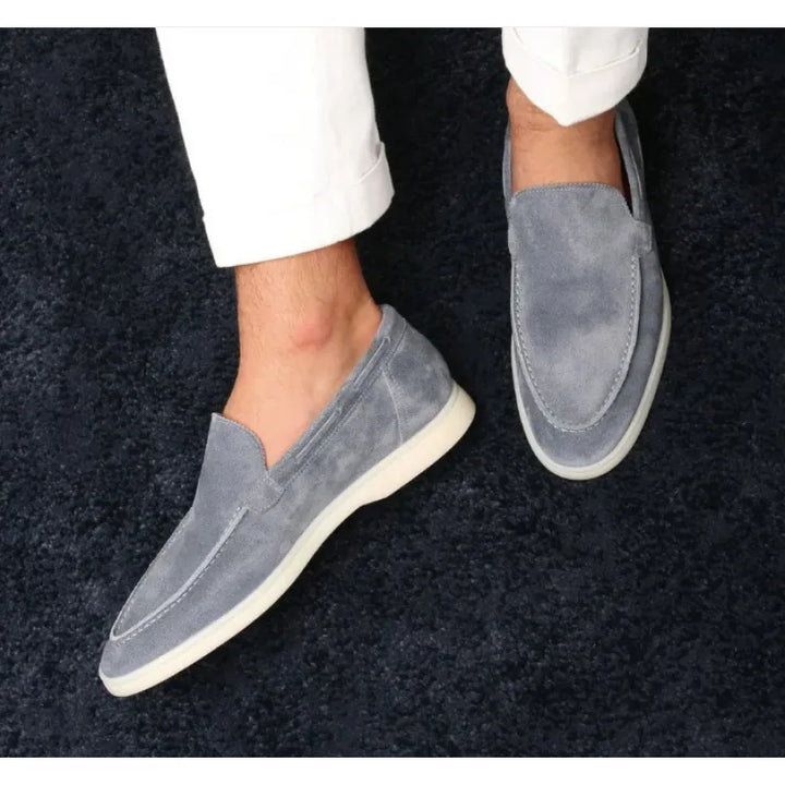Men's premium brown suede slip-on loafers, perfect for casual or dressy outfits, comfortable & stylish footwear.