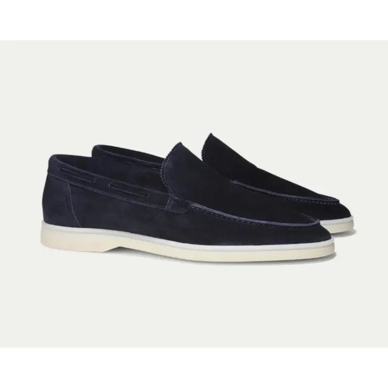 View from above of men's premium olive green suede slip-on loafers, casual yet sophisticated style.