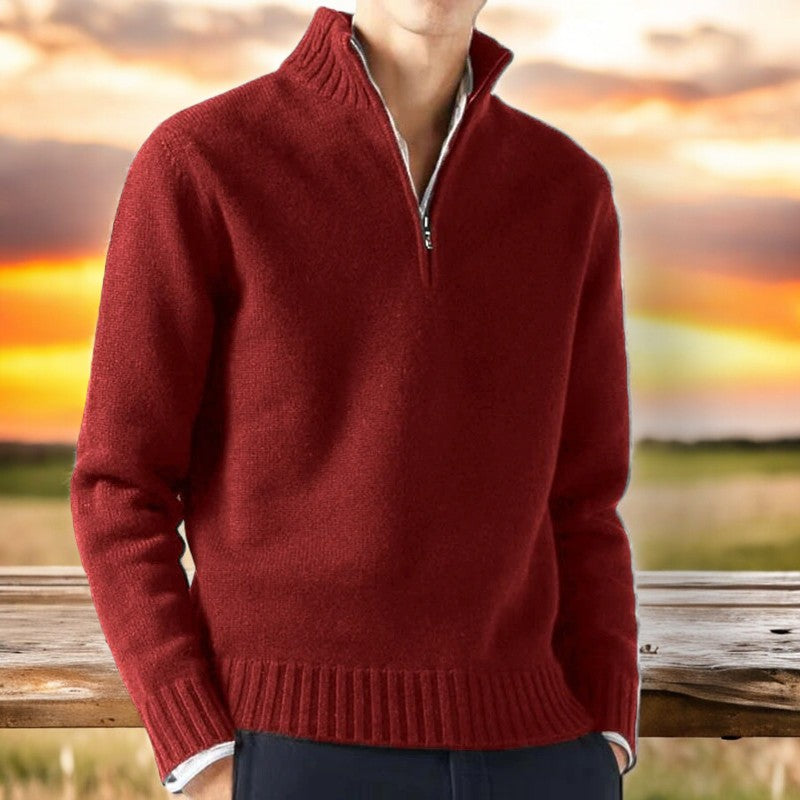 Luxury men's quarter-zip pullover in a cashmere blend, showcasing knit texture and comfort