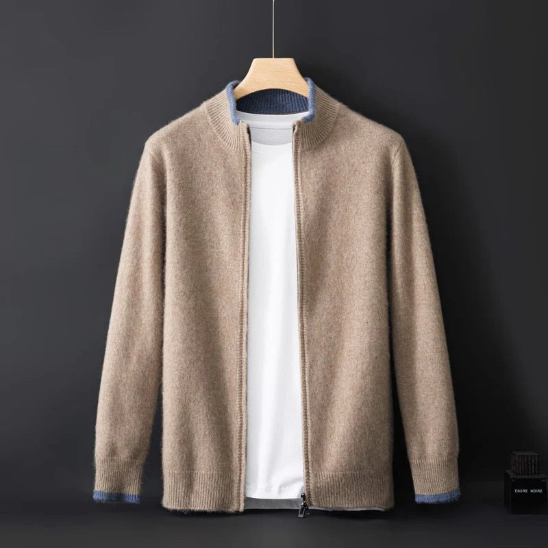 Men's Premium Cashmere Blend Zip Jacket in khaki, a luxurious and versatile outerwear piece for men.