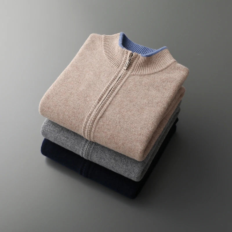 Texture swatch of the cashmere blend fabric used in the men's zip jacket, soft and luxurious knitwear.