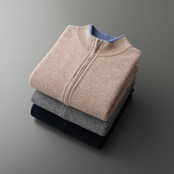 Texture swatch of the cashmere blend fabric used in the men's zip jacket, soft and luxurious knitwear.