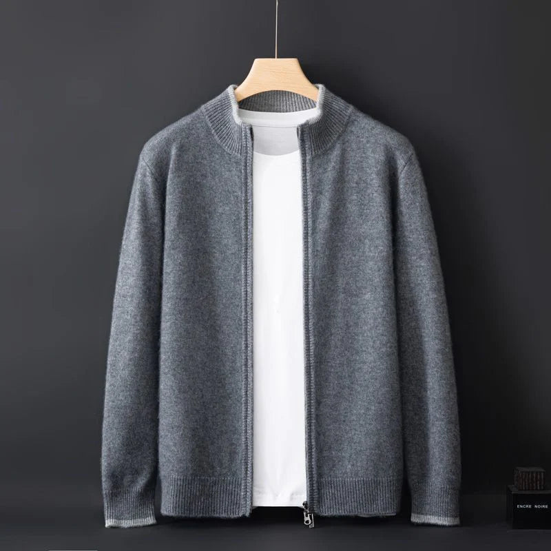 Casual outfit featuring a men's gray cashmere blend zip jacket paired with a t-shirt and jeans.