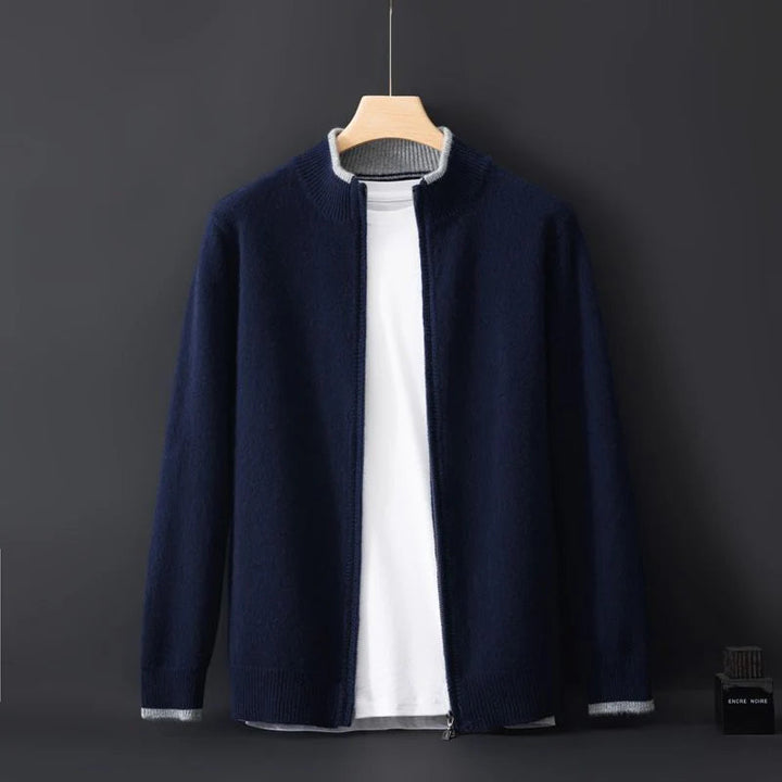 Elegant men's navy blue cashmere blend zip jacket, perfect for adding warmth and style to any look.