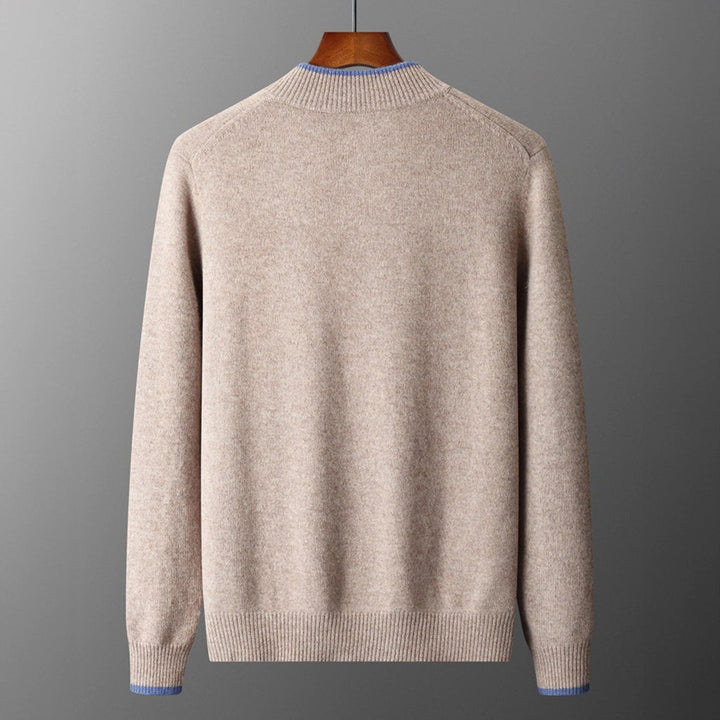 Front view of a gray men's cashmere blend zip jacket, ideal for casual and elegant layering.