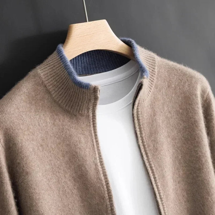 Side profile of a navy blue men's zip jacket, highlighting its classic fit and cashmere blend fabric.