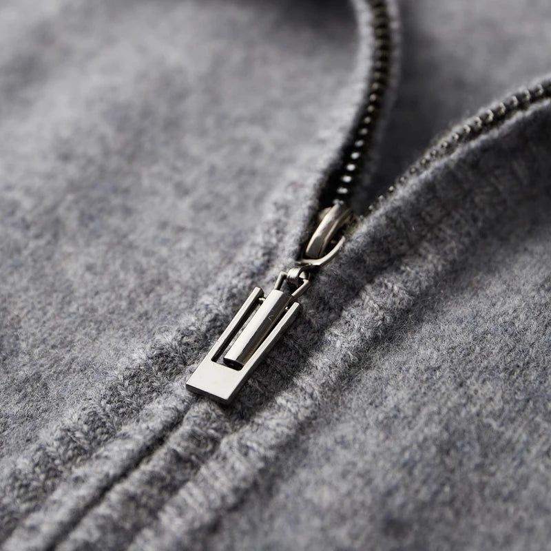 Back view of a plain gray men's cashmere blend zip jacket, suitable for everyday elegant wear.