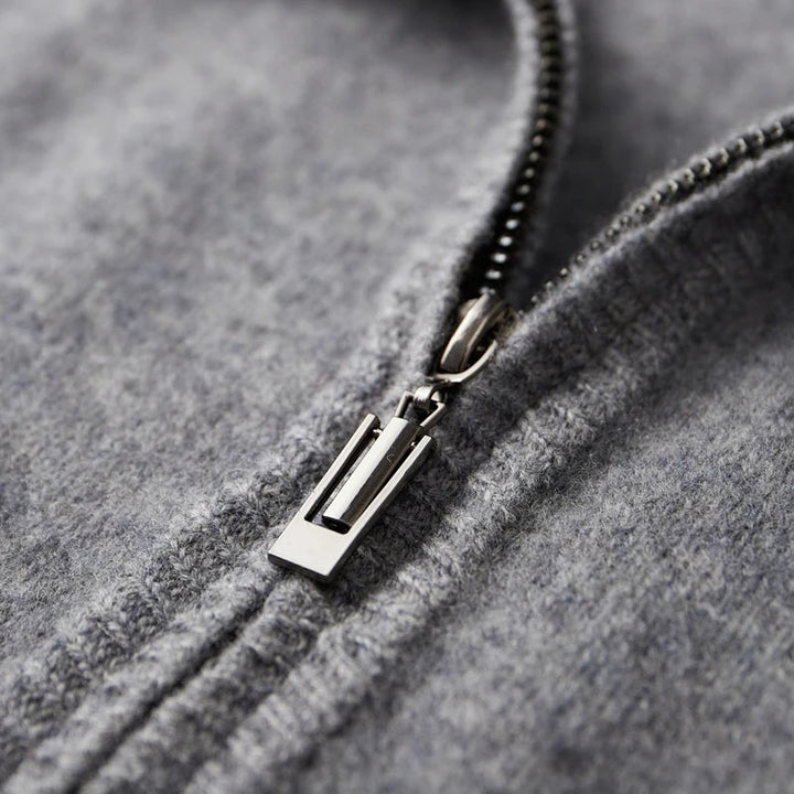 Back view of a plain gray men's cashmere blend zip jacket, suitable for everyday elegant wear.