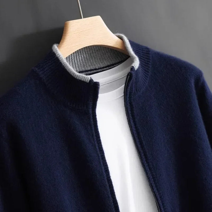 Close-up of the collar and neckline of a men's cashmere blend zip jacket, designed for comfort.