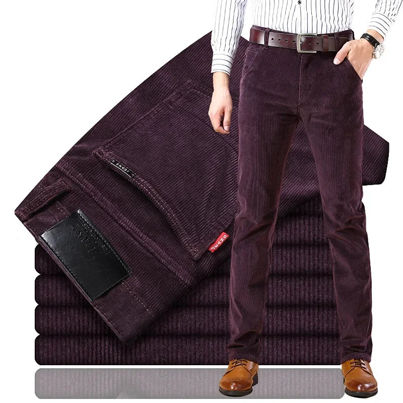 Full-length shot of men's tailored corduroy trousers, showcasing texture and elegant drape, perfect for workwear.