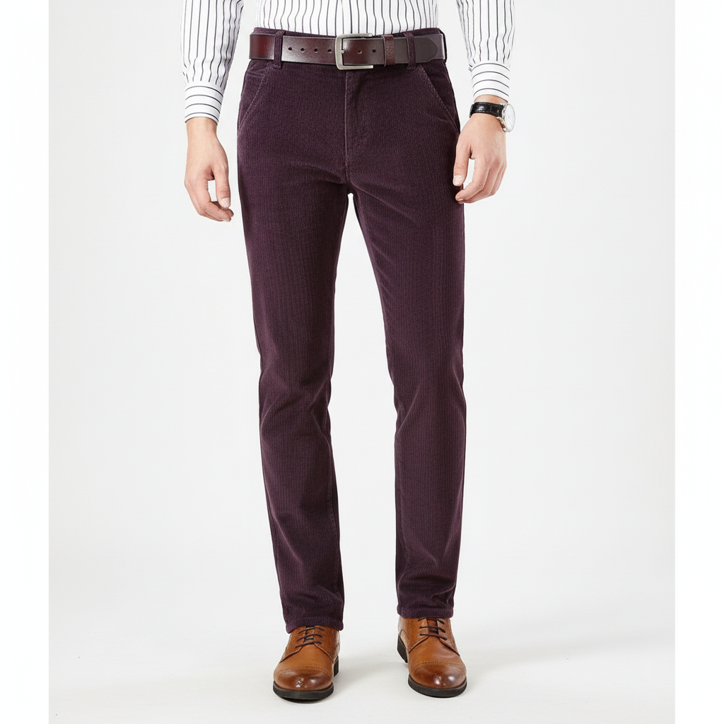 Rear view of men's elegant corduroy tailored trousers, showing a well-fitted silhouette and pocket detail.