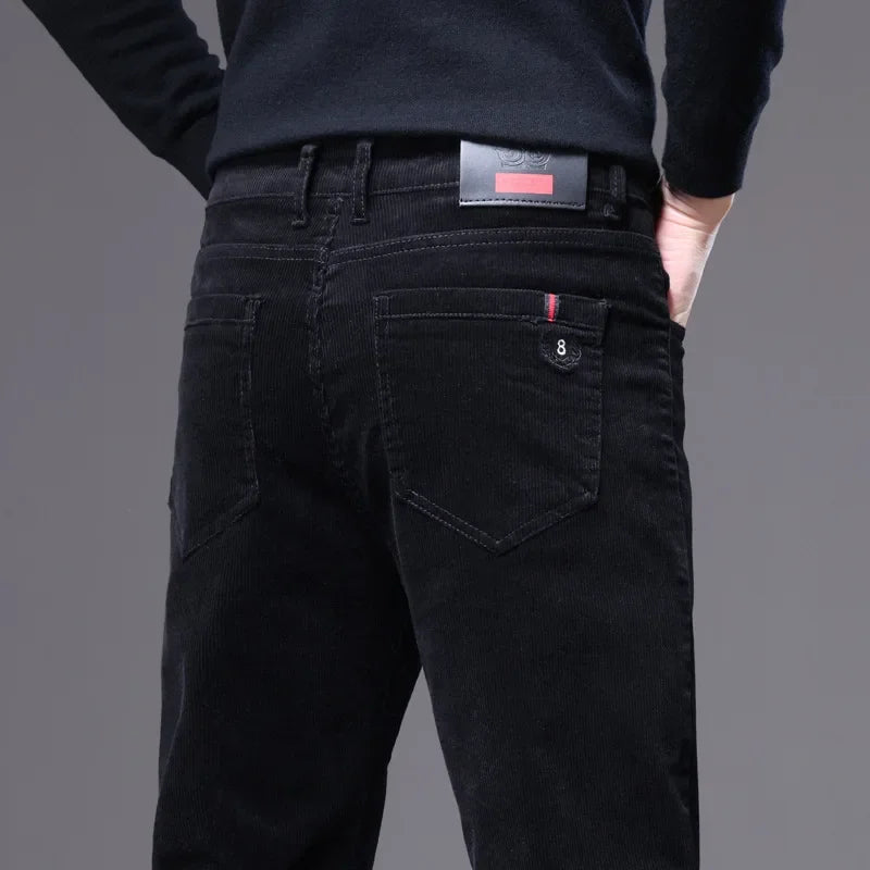 Model wearing men's premium corduroy tailored trousers in a modern fit, suitable for mensfashion.