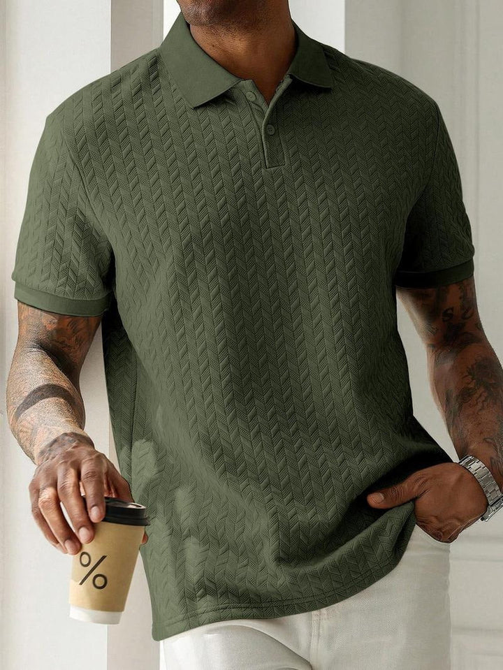 Smart casual men's short sleeve polo shirt, premium cotton blend, featuring a modern chevron texture
