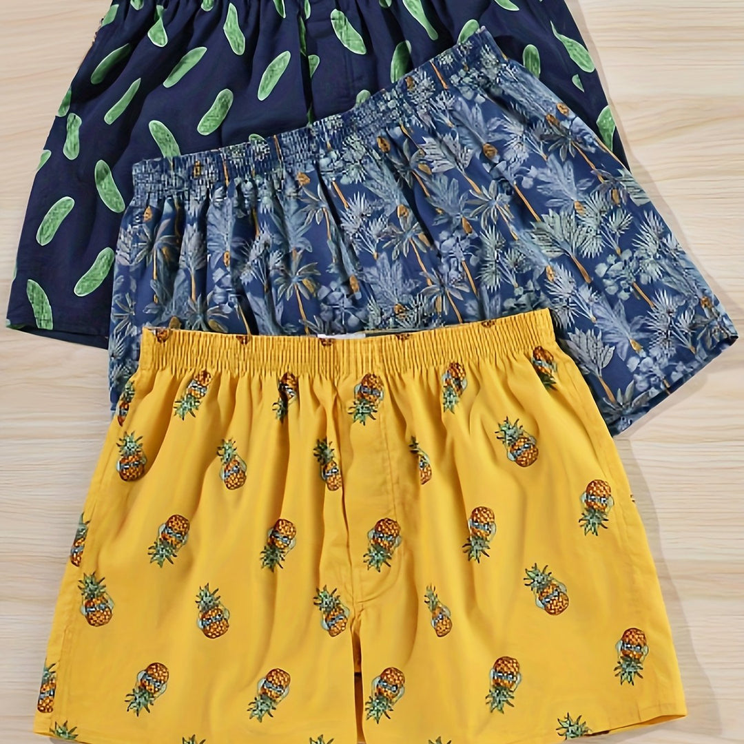 Men's daily wear essential: 3-pack premium cotton boxer briefs with a unique plant print.