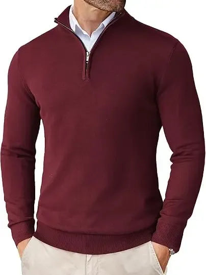Stylish man wearing a gray cotton-merino quarter-zip knit, perfect for fall fashion