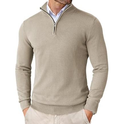 Detailed view of the quarter-zip and ribbed collar on a men's cotton-merino knit sweater