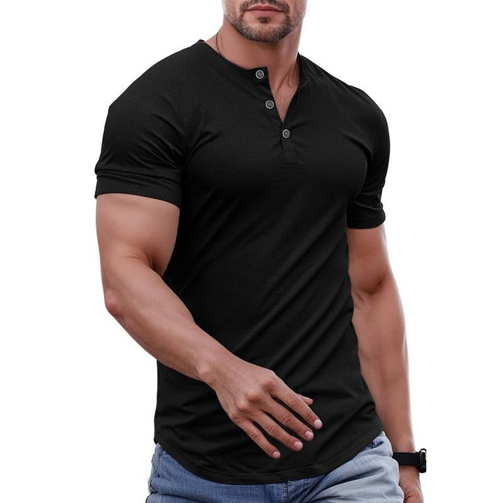 Men's premium cotton short sleeve Henley tee, athletic fit, perfect for casual wear. Front view.