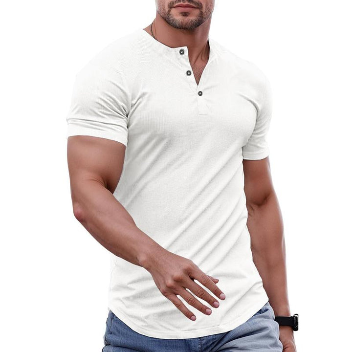 Close-up of buttons on a men's premium cotton Henley tee shirt, showcasing quality and detail.