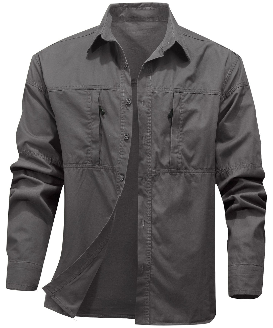 Men's Premium Cotton Terrain Trek Shirt in olive green, short sleeve, front view, casual everyday wear.