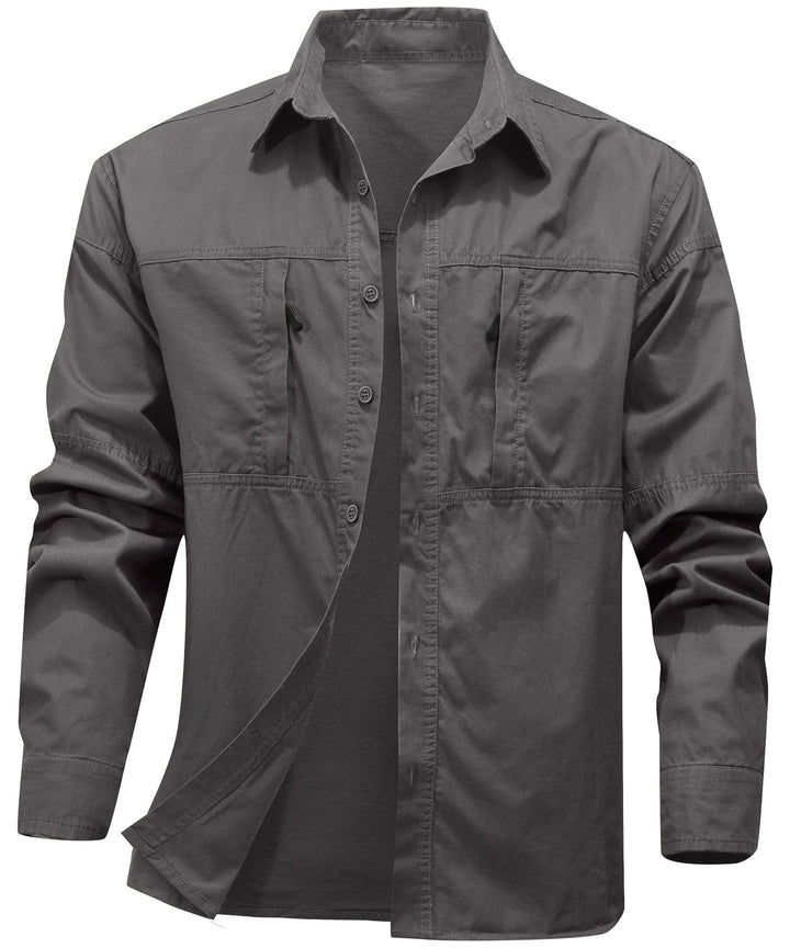 Men's Premium Cotton Terrain Trek Shirt in olive green, short sleeve, front view, casual everyday wear.