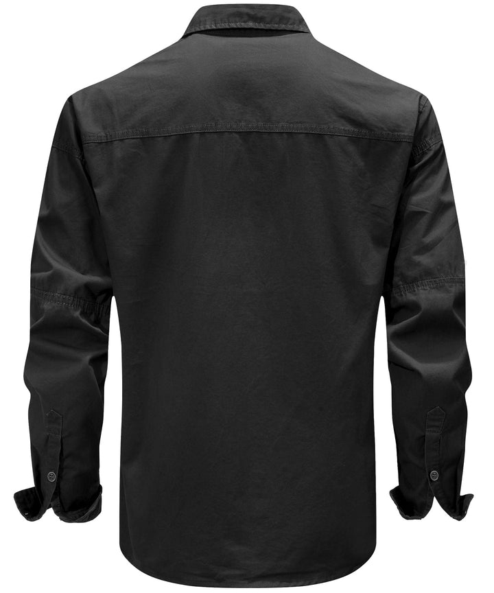 Stack of folded Men's Terrain Trek Shirts in various colors, showcasing color options, cotton comfort.