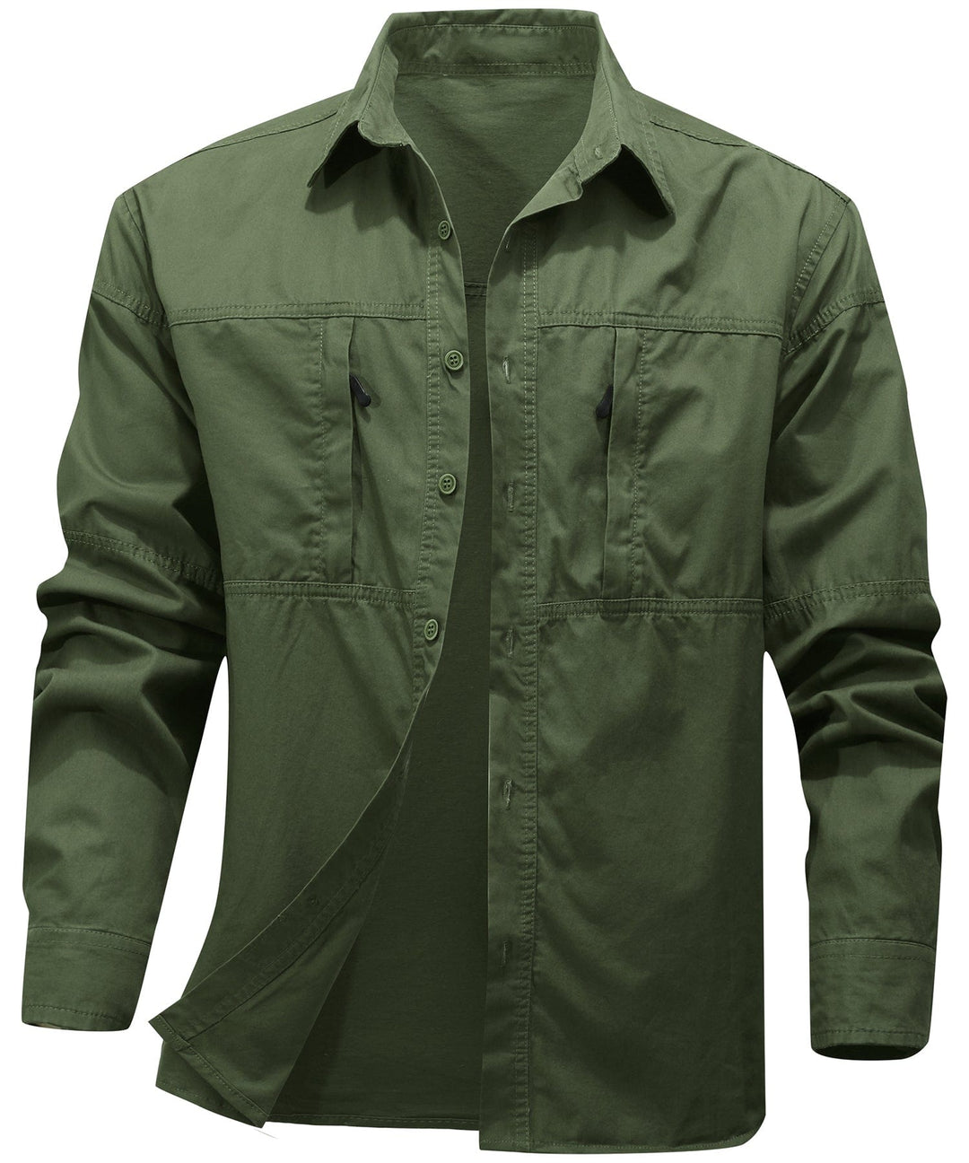 Man wearing a Men's Terrain Trek Shirt in a casual outdoor setting, comfortable and stylish apparel.